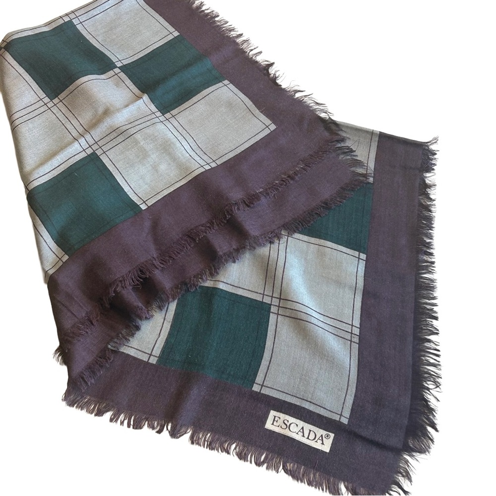 Escada Green , Burgundy and Cream Checkered Silk Blend Scarf - Picture 5 of 5